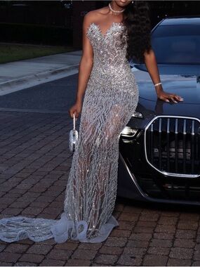 Silver Beaded Sheer Evening Gown